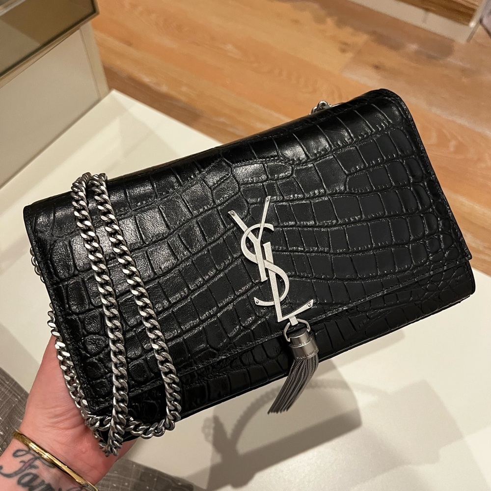 Yves Saint Laurent Leather Kate Medium Black Croc-Embossed Bag